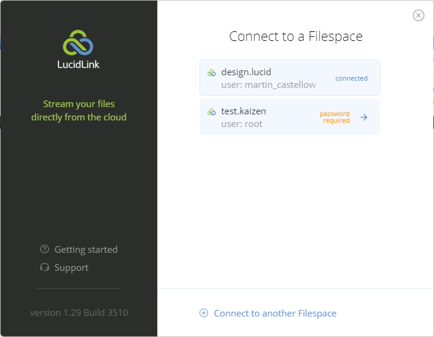 Connect to a Filespace screen