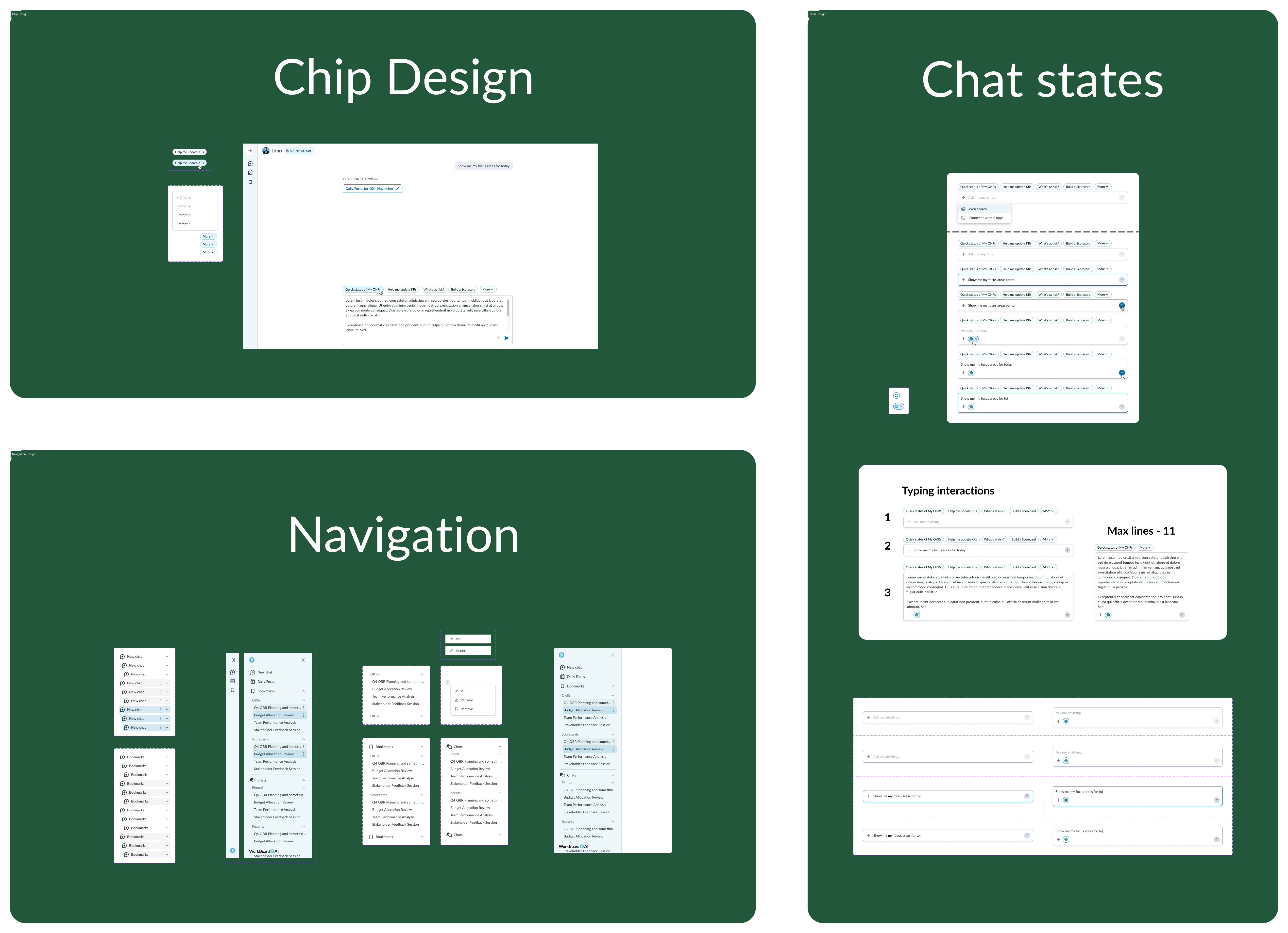 Figma boards from the Agents design system: chip design specs with prompt-suggestion chips in a chat window, chat input states including typing interactions and max-line behavior, and sidebar navigation variants with bookmarks, pinned chats and recents