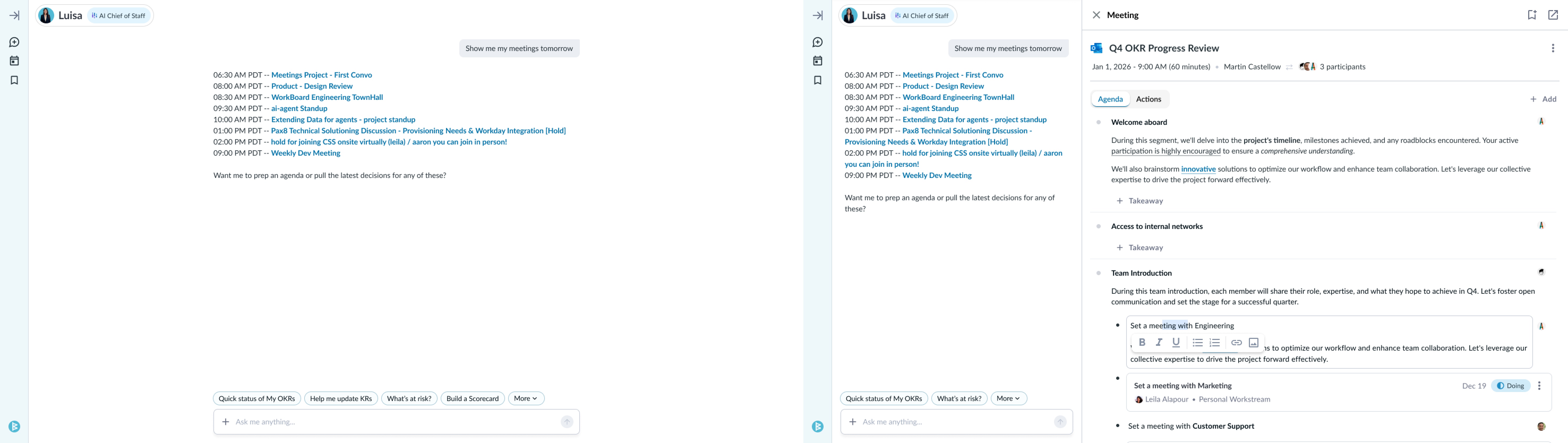 Agent chat listing tomorrow's meetings as links, and the same conversation with a Meeting artifact expanded showing the agenda, takeaways and action items with inline text editing