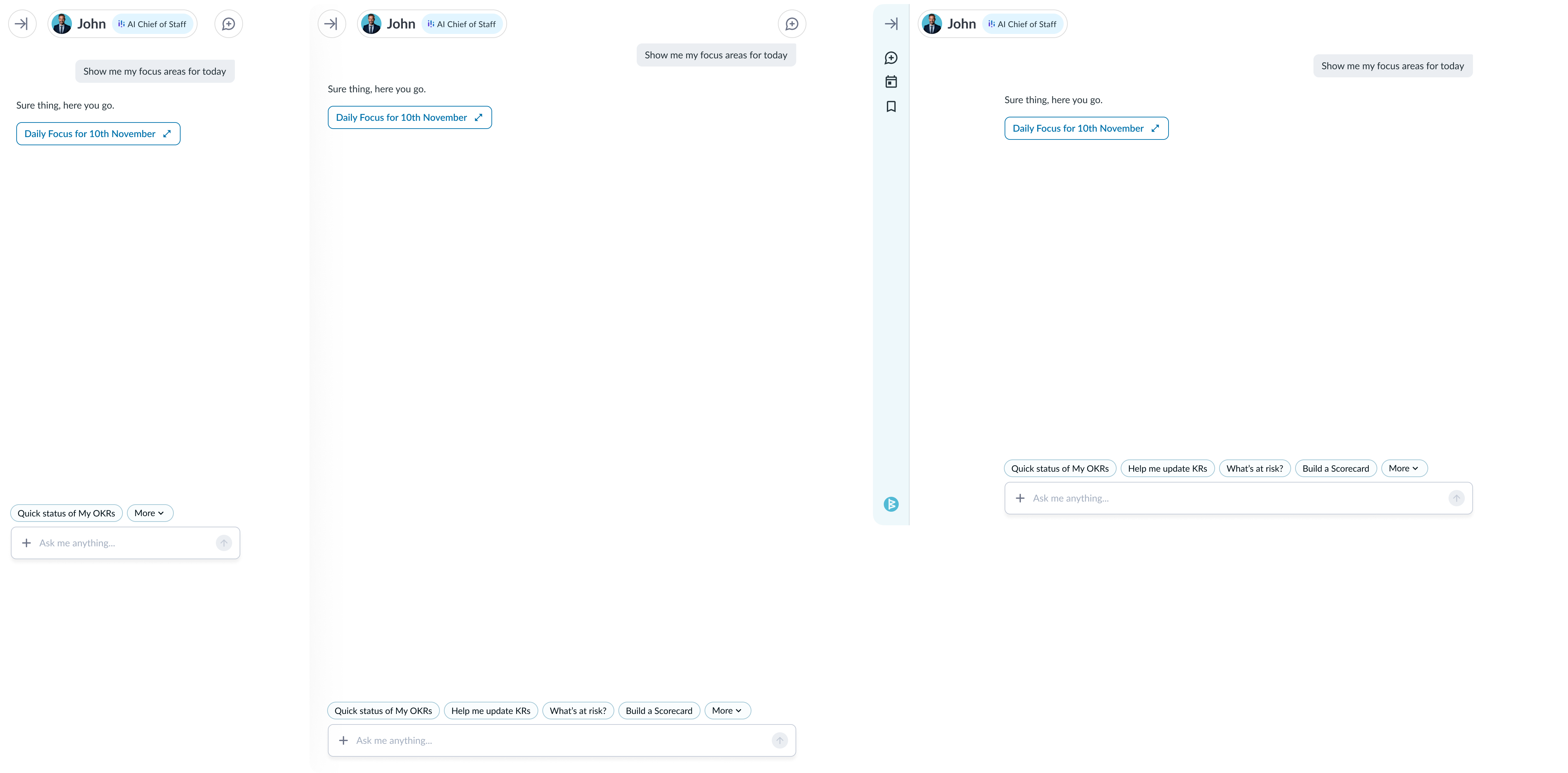 The same agent conversation rendered at three responsive sizes — mobile, tablet and desktop — from one component language