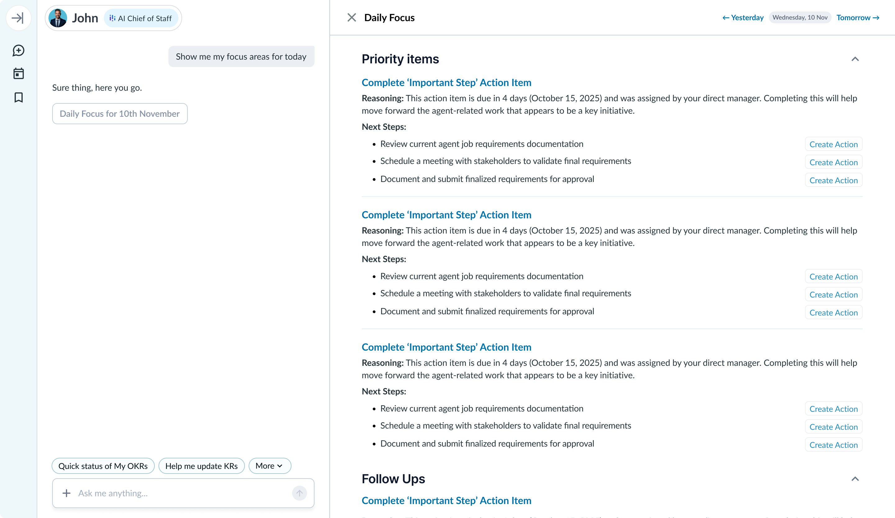 Daily Focus artifact next to the chat: prioritized action items with the agent's reasoning, suggested next steps and Create Action buttons, plus a Follow Ups section
