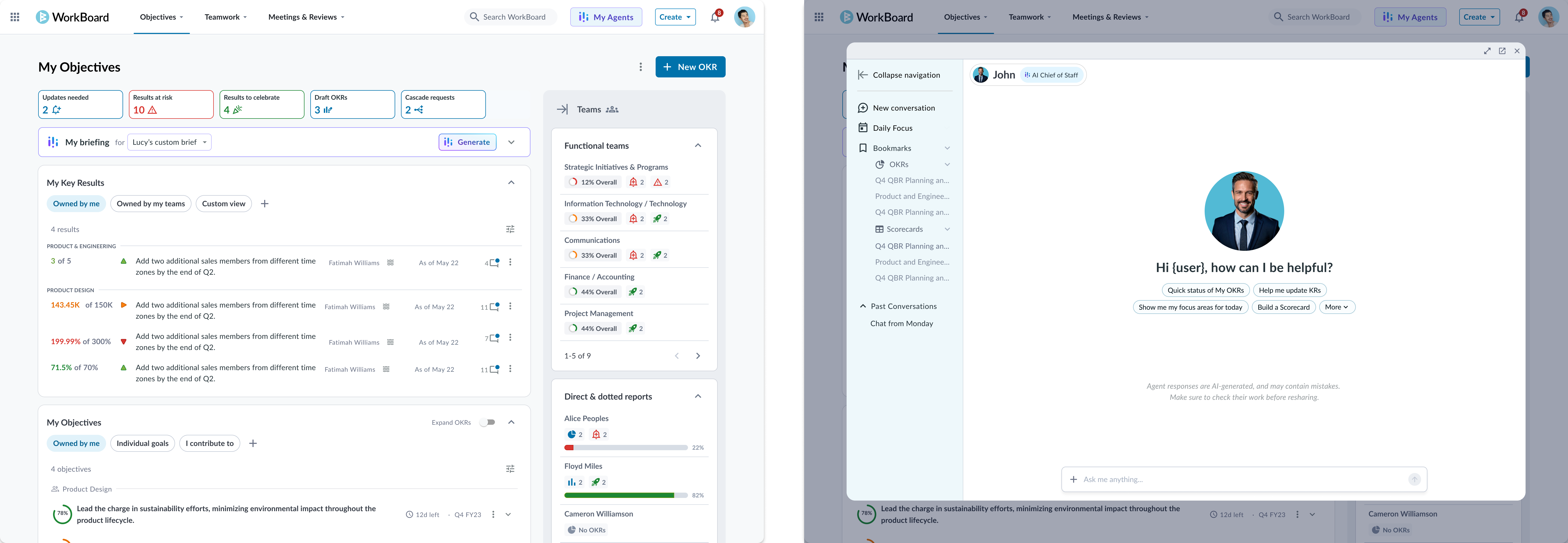 Agents inside the main WorkBoard product: the My Objectives dashboard, and the agent opened as an overlay with a welcome state, prompt chips and past conversations